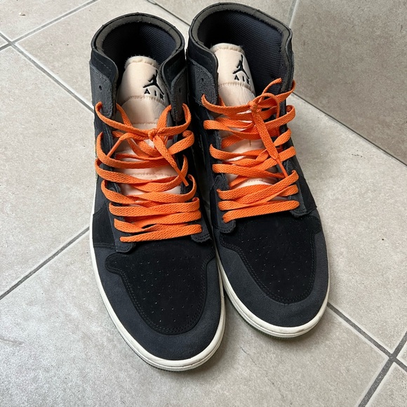 🧡 Nike Air Jordans — Black Suede High Tops with Orange Laces + Olive Swoosh 🖤 - Picture 2 of 3